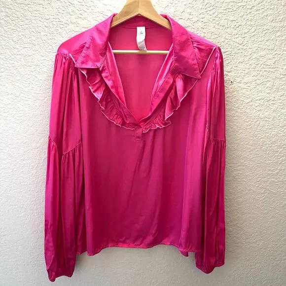 AMADI Lara Ruffled Blouse Hot Pink Anthropologie Boho V Neck Long Sleeve Size L - Picture 2 of 7